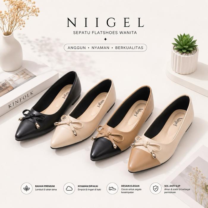 Niigel - Bella Sepatu Flatshoes Wanita Kekinian Variasi Tali Ikat Hitam Cream Biskuat Ukuran 36-40 A