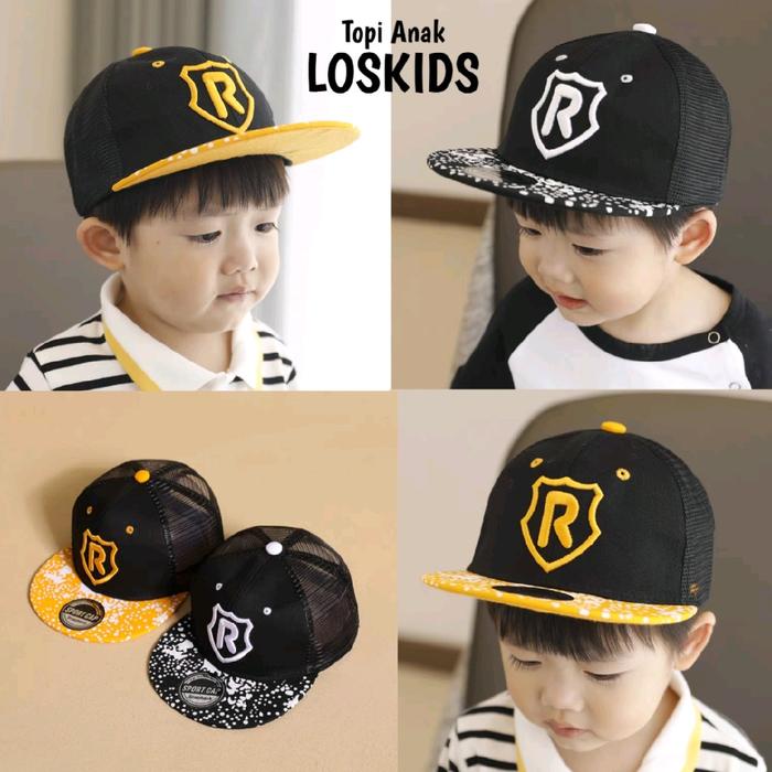 Topi Anak Hiphop atau Snapback Topi Jaring Logo R Buat Anak Usia 2 sampe 10 Tahun Hitam Kombinasi Ku