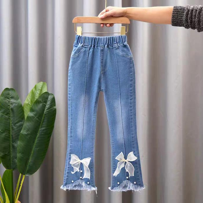 Celana Cutbray Anak Perempuan 1-10Tahun Jeans motif random Pita Putih Fashion Aksesories Import
