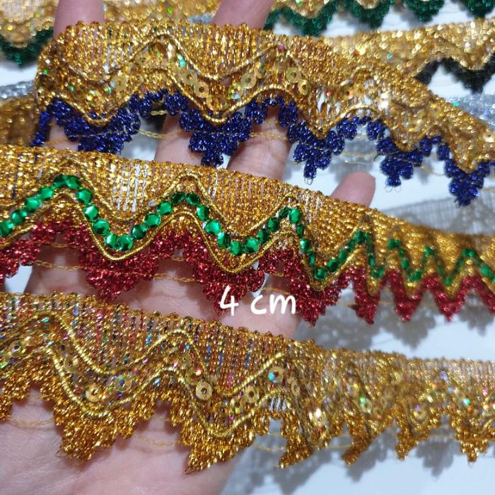 Renda India Gunung Mas & Silver 4 Cm Per 1 Gulung /+-15 Yard=+-13,5 Meter