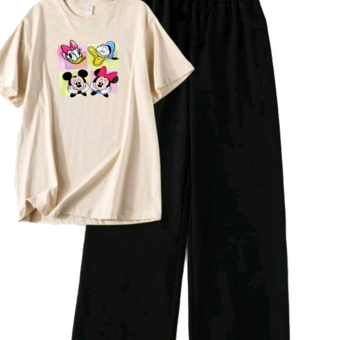Setelan Kaos Oversize Miki Mouse & Donald untuk Wanita - Celana Kulot