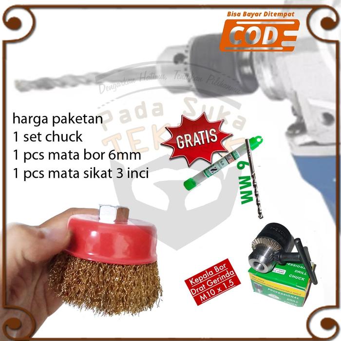 Kepala Bor 10mm Chuck Untuk Drat Gerinda + Sikat Mangkok Kawat Kuningan 3inch