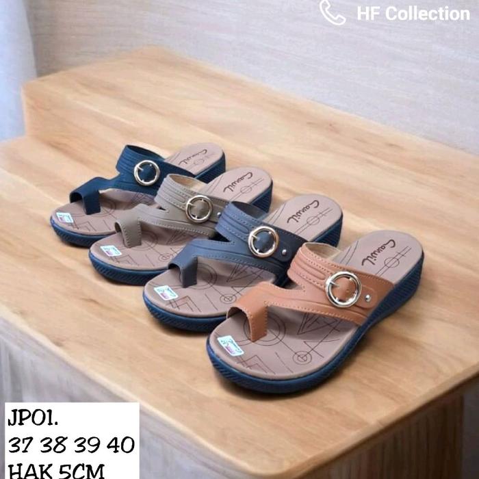 Sandal Sepatu Wedges Carvil Wanita Model Jepit Jempol High Heels Hak Tinggi 5 cm bahan Kulit Sintesi