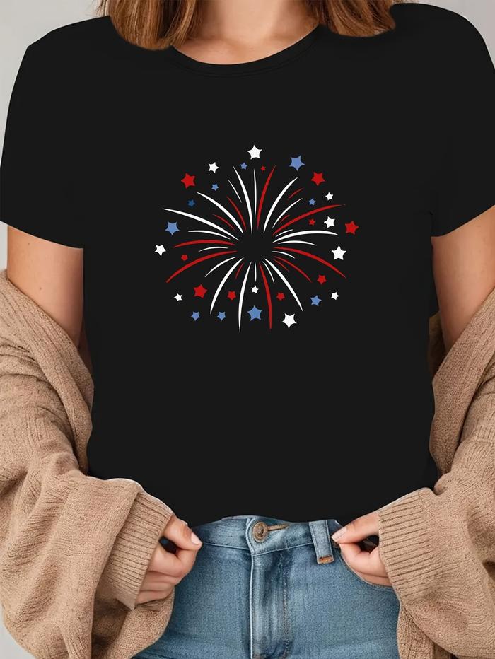 Patriotic Fireworks Print T-Shirt Women's Black Short Sleeve Summer Fashion Top Couple Style Casual
