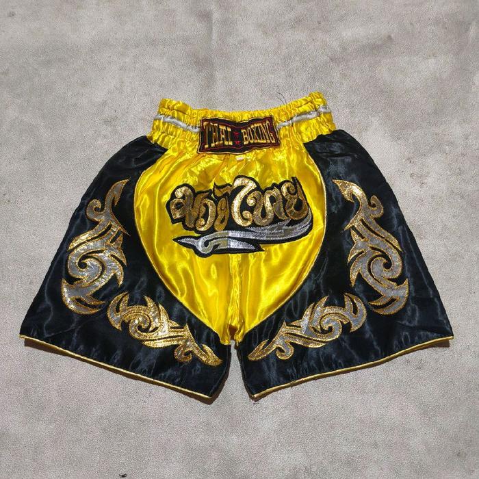 Celana pendek olahraga muaythai kick boxing kuning hitam bekas
