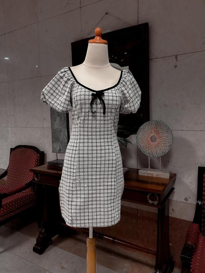 CHIC DRESS - THRIFT DRESS VINTAGE ALA MODERN CHIC DRESS BAHAN TWEED RAJUT PREMIUM MOTIF KOTAK