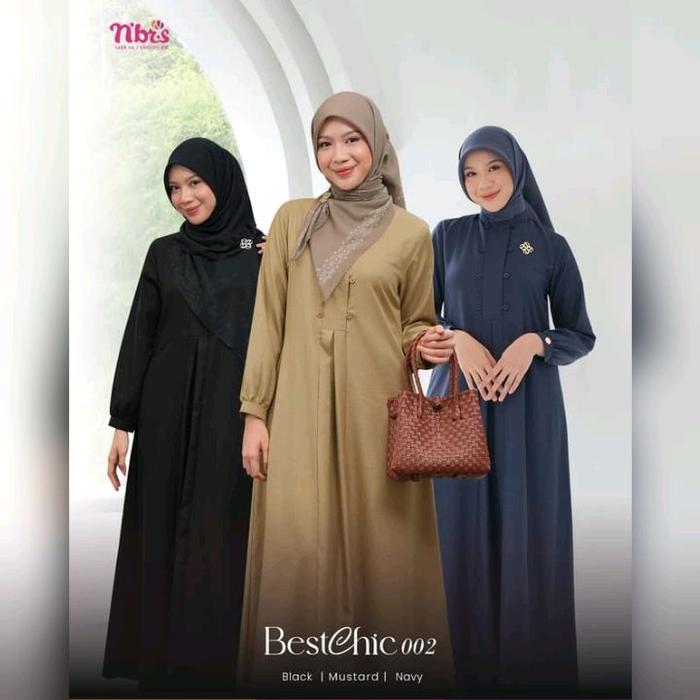 Nibras Gamis BestChic 002 Warna Hitam Black Biru Navy Kuning Mustard Polos Bahan Katun Madinah Premi