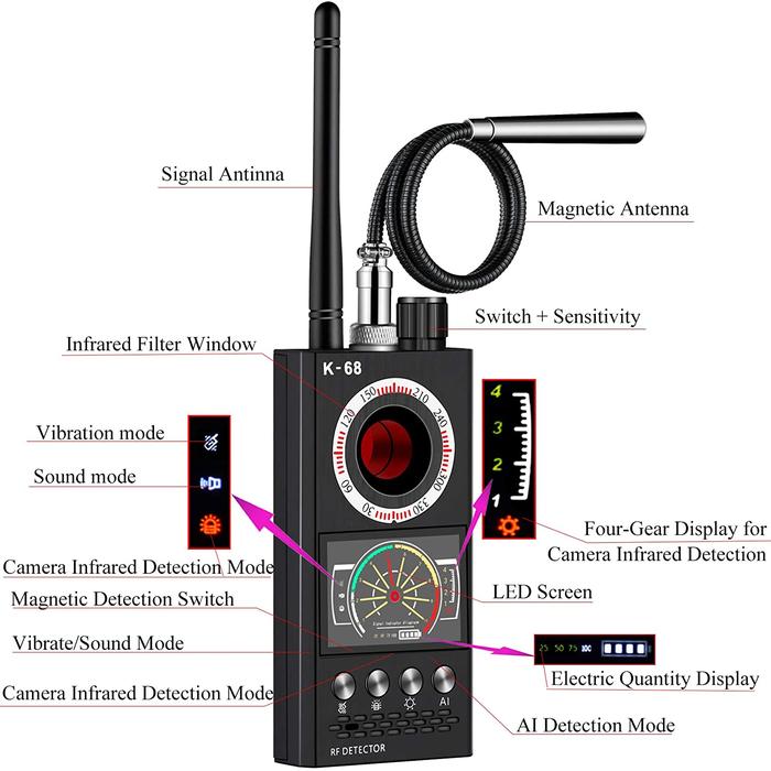 K68 Anti-Spy Scanner Detector RF Camera GSM Audio Bug GPS Finder