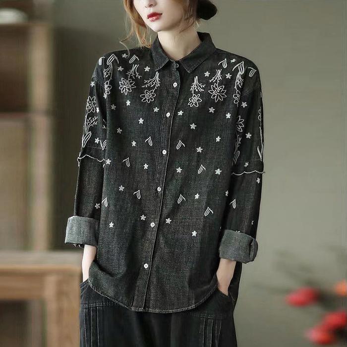 Us Kemeja Denim Jeans Biru Hitam Bordir Bunga Lengan Scallop Korea Import