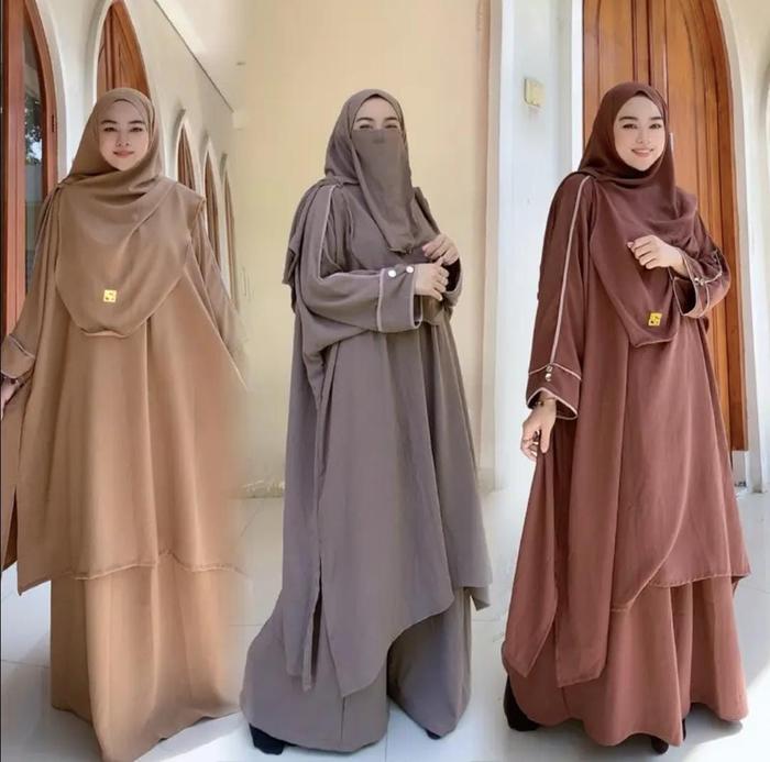 Tunik Abaya Set Rok+Pashmina+Cadar / Kamila Tunik Set Rok Crinkle Airflow M XL XXL / Setelan Syari B