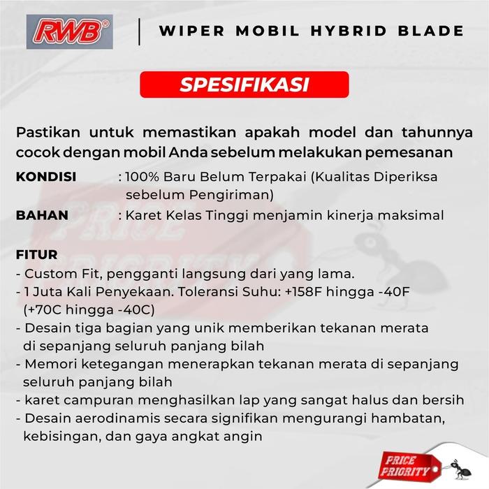 Wiper Mobil AVANZA XENIA Karet Wiper Frameless Hybrid Blade Set RWB