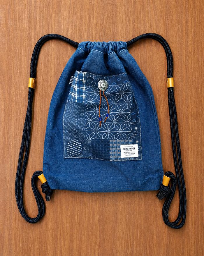 Handmade 14oz Denim Patchwork Pattern Japan Fabric Drawstring Bag / Tas Serut Denim Patchwork
