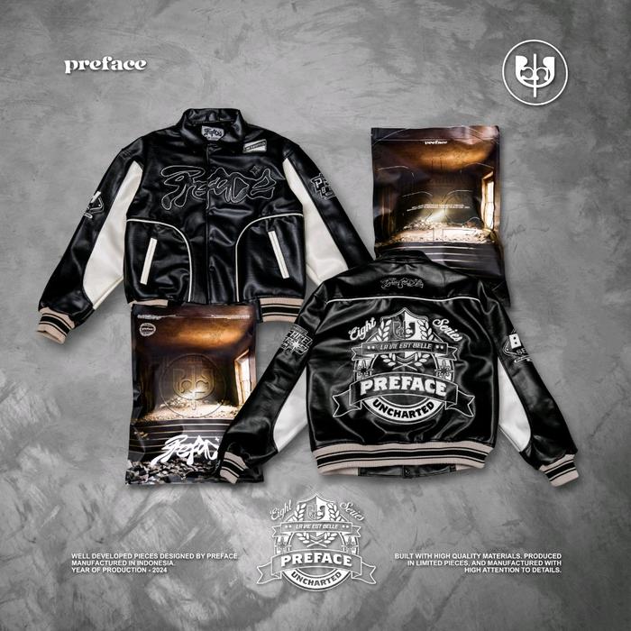 Jaket Preface Genesis/Uncharted/Oasis Varsity Leather Jacket/Classica Boxy Leather/Knitted Shirt Twe