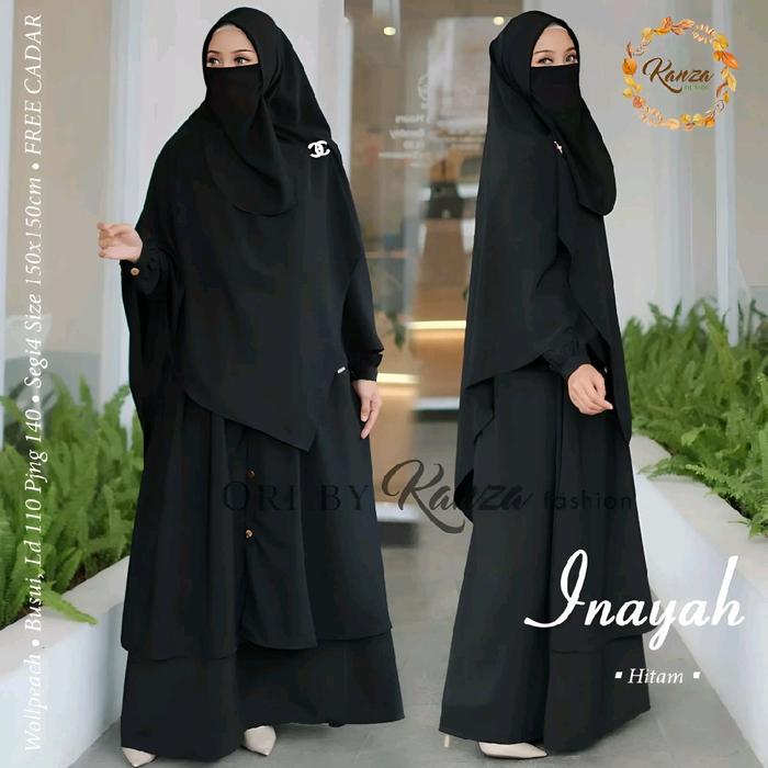 Gamis Muslimah Wanita Inayah Syari Hitam Set Cadar Gamis Busui Wanita Woolpeach Ori Kanza Dress Dewa