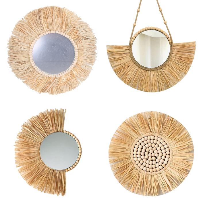 Moroccan Woven Straw Hanging Wall Mirror Boho Macrame Wooden Bead