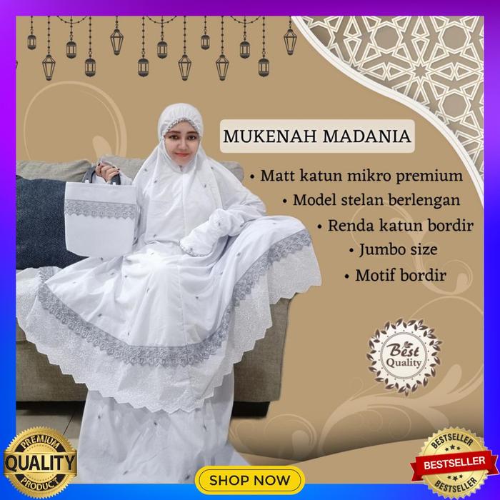 Mukena Madania Haji dan Umroh Katun Mikro Bordir Atas Bawah Berlengan/Potongan/Setelan Murah Free Ta