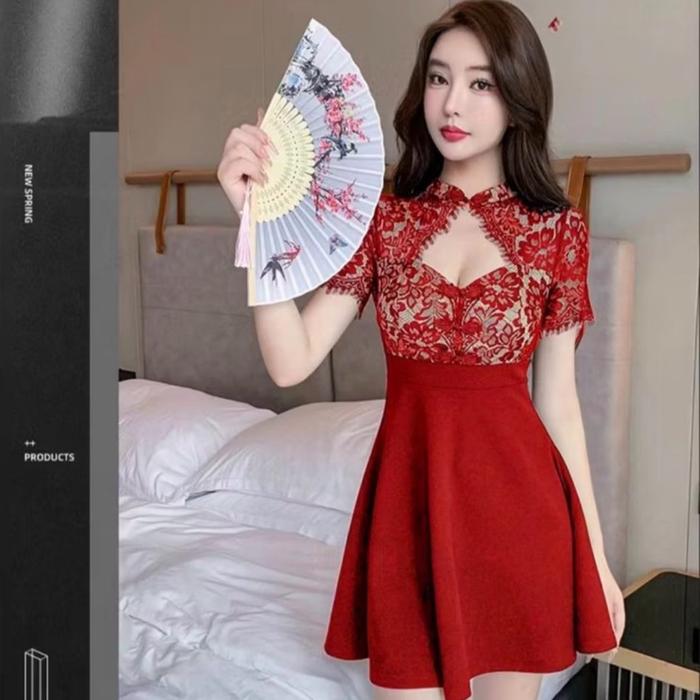 Dress Yifei Lace Cheongsam TM 0550 Original Three M Gaun Wanita Sexy Import Model Imlek Fashion Terb
