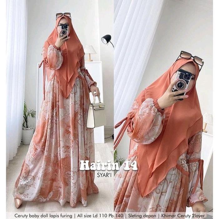 Hairin 14 Syari Gamis Ceruty Motif Free Khimar 2 layer