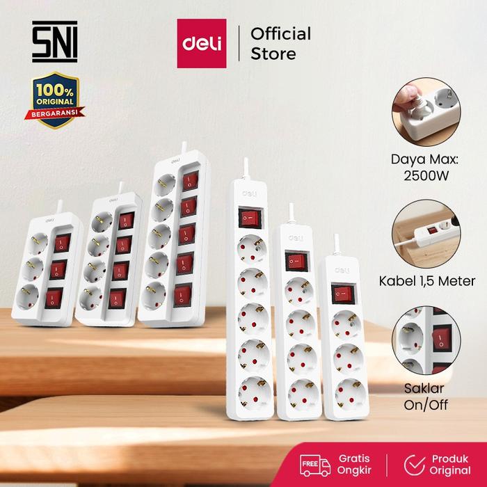 Deli Stop Kontak 3/4/5 Lubang Kabel 1,5 Meter Saklar Switch  Tahan Panas Child Safe Bergaransi ET7XX