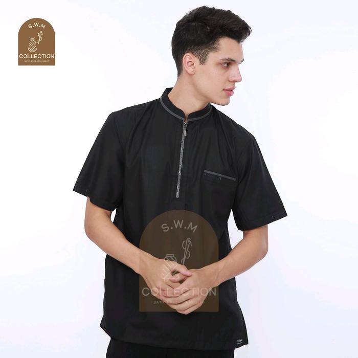 S.W.M - Baju Koko Muslim Polos Premium Corak Warna Pria Remaja Dewasa Masjid Lengan Pendek Bordir Ko