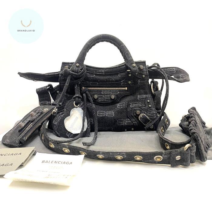 BALENCIAGA NEO CAGOLE XS DENIM BLACK CANVAS LOGO BB