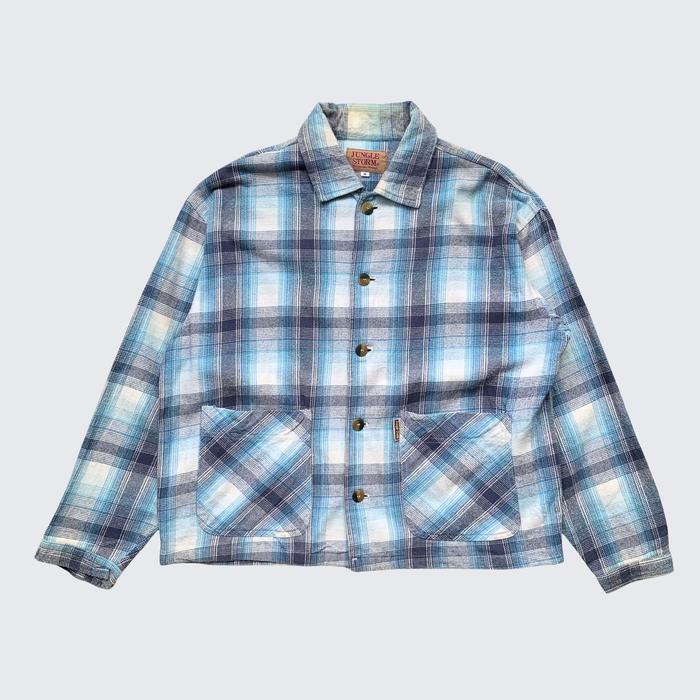 Blue Grey Veterano Plaid Vintage Jungle Storm Korea Two Big Pocket Flannel Outer Shirt - Unisex - M