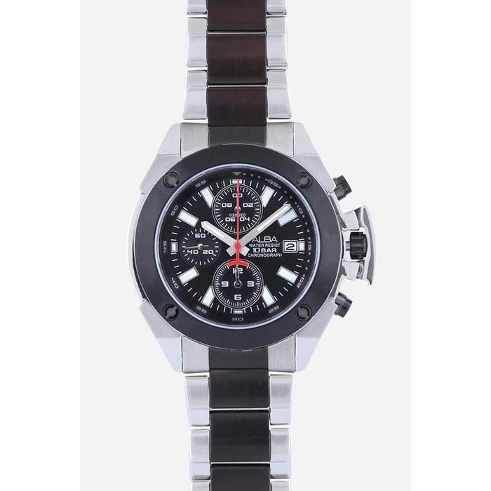 HEMAT Alba Jam Tangan Pria AF8M19 / AF8M19X1 Quartz Black Dial Two Tone Silver-Black Stainless Steel
