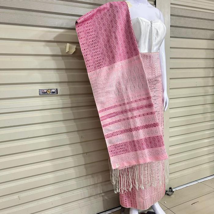 Set Songket Tumtuman Tanpa Sambung + Selendang Warna Pink | Benang Kristal Elegan