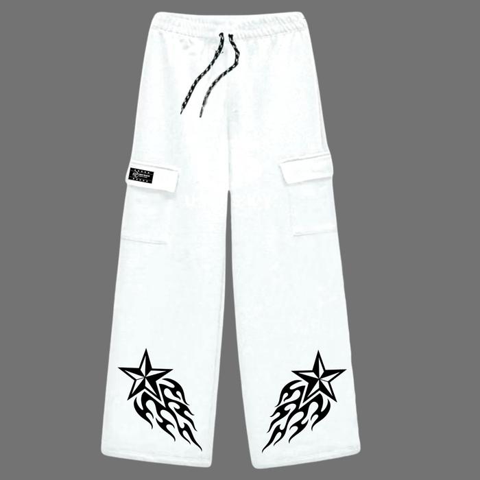 Celana Panjang Cargo Bahan Fleece Motif Star Fire Terbaru Warna Putih Brand Elano Project Cargo Flee