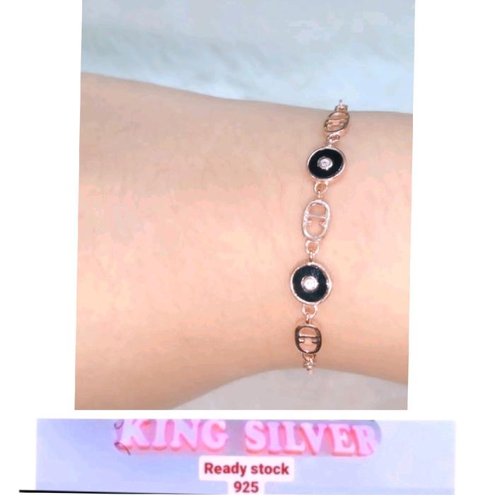 GSRG Gelang serut rose gold di hiasi cd clover hitam cantik import