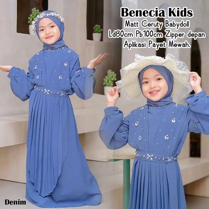 Benecia Kids / Dress Anak Perempuan Bahan Ceruty Babydoll Mix Payet + Pashmina / Untuk Usia 7 - 8 Ta