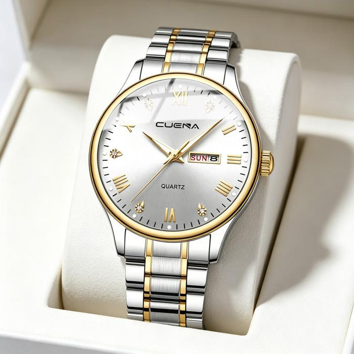 CUENA Jam Tangan Pria Original Anti Air Cowok Emas Kalender Bercahaya Luminous Men Watch Stainless S