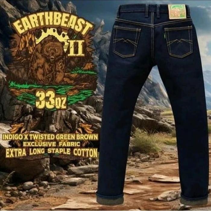 Earthbeast II 33oz Unsanforized Deep Indigo x Twisted Green Brown Wef - 28 slim cut Jeans Pria - sli
