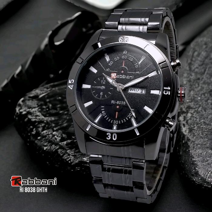 Rabbani 8038 GHTH , Jam tangan Pria, Rantai hitam monochrom, Sporty, tanggal hari aktif, water resis