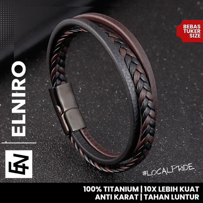 Elniro Gelang Kulit Pria ESPARGARO Titanium Alloy Leather / Gelang PREMIUM Cowok Cowo / INTERNATIONA