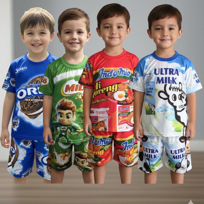 CHANDRA KIDS Setelan Baju Anak Printing Gambar Oreo Milo Ultramild Umur 2-9 Tahun Bahan Polyester Ny