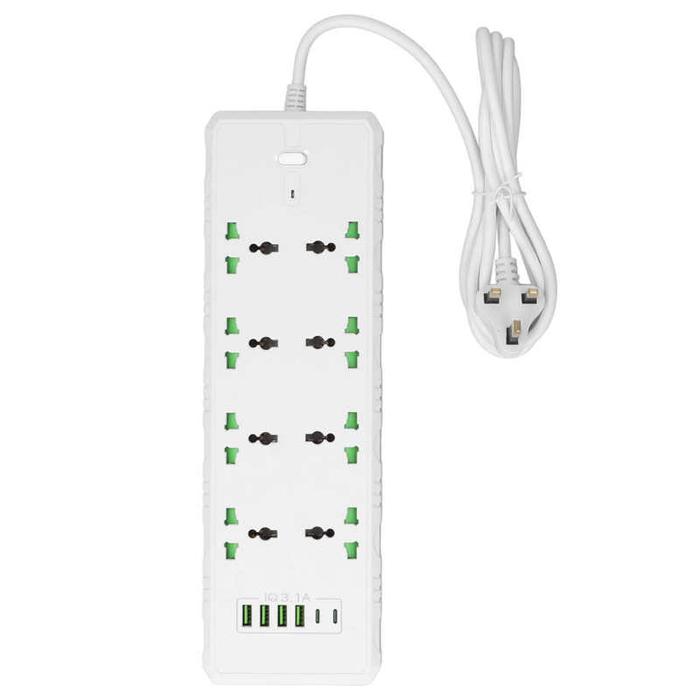 AC 110-265V Power Socket White PC Casing Insulated 4 USB 2 PD 8 Ports