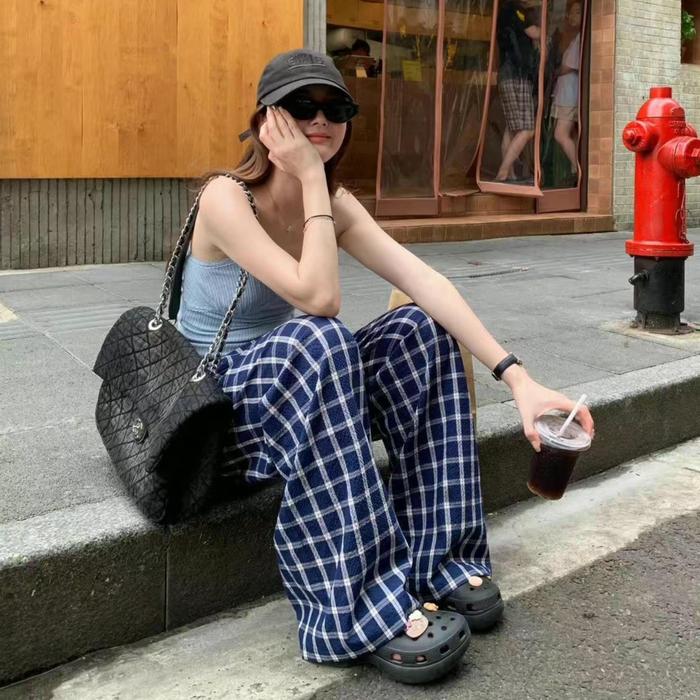 Celana Panjang Wanita Kotak-Kotak Longgar Motif Kotak Kotak Casual Korean Style
