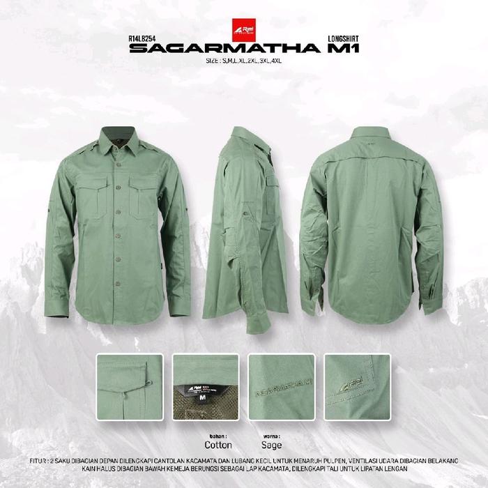 Sagarmatha M1 Kemeja Lengan Panjang Pria Sage Bahan CottonFitur 2 Saku Cantolan Kacamata & Lubang Pu