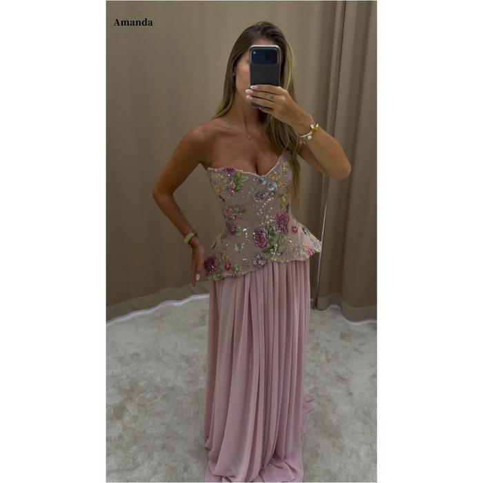 Amanda Customized Blush Pink Strapless Floral Embroidery Sequin ist Chiffon Ma i vestidos de noche E