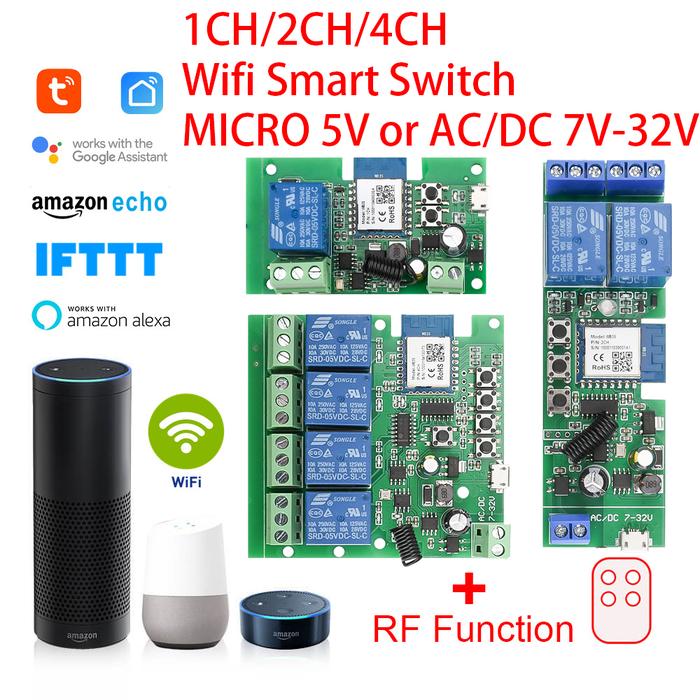 Tuya RF 433mhz WIFI Switch Module AC/DC 7-32V 1/2/4 Channel Wireless