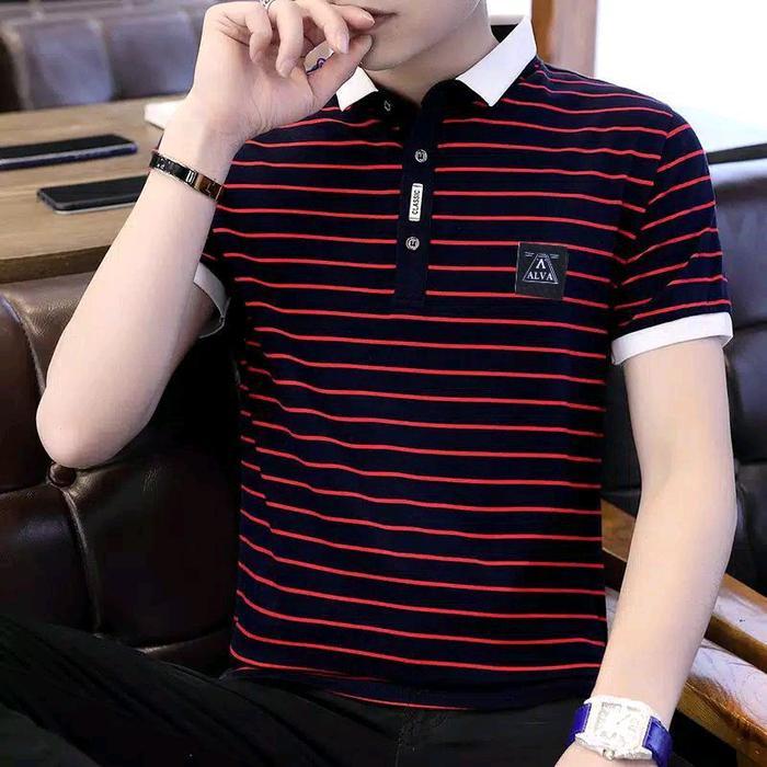 PREMIUM (READY) terjamin Kaos Garis ll  Baju Kaos pria Dewasa BerKerah cotton CVC Distro Pendek Salu