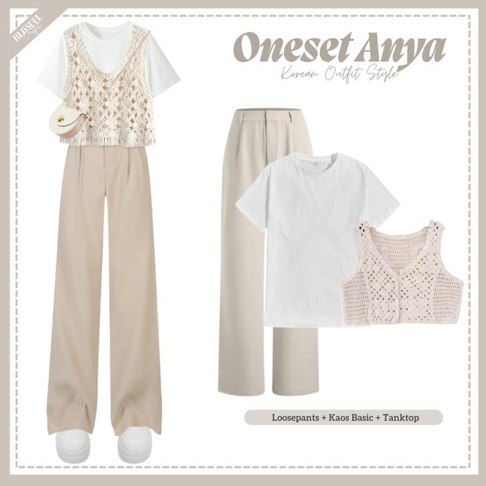 Anya One set Outfit Wanita ( Atasan Outer Tanktop Rajut + Inner Kaos Basic + Celana Kulot Loosepants