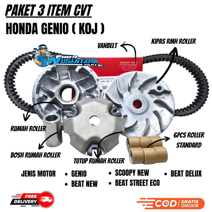 PAKET KOJ VANBELT ONLY GENIO + RUMAH ROLLER ASSY + KIPAS RUMAH ROLLER GENIO / BEAT NEW / BEAT LED / 