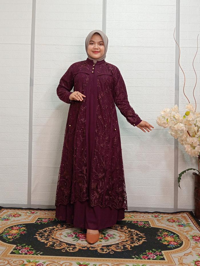 (Bisa COD) Real Pic Gamis Dewasa Ceruty Brokat Tile - Kancing Dada, Nyaman & Modis Fit Muslim Panjan