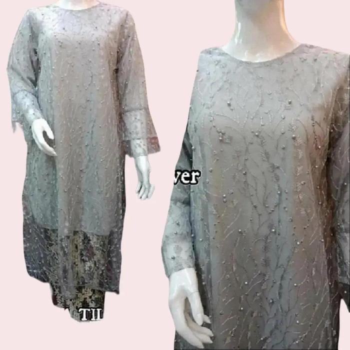 Baju Muslim Wanita Busana Setelan Brukat Tulle Puring Silver - Celana Panjang Semi Kebaya Nyaman Rem