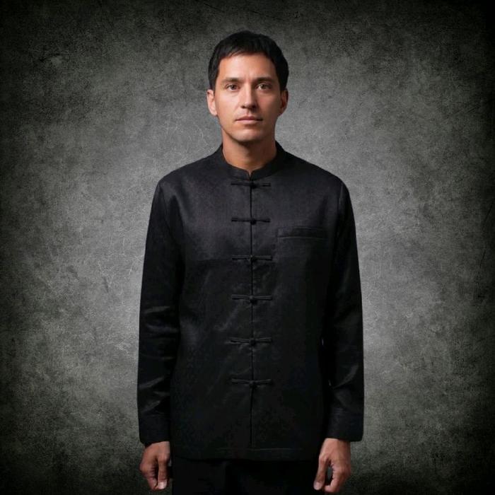 Kemeja Cheongsam Tenun Baron Pria Warna Hitam Ungu Kualitas Eksklusif untuk Dewasa Estetika dan Keny
