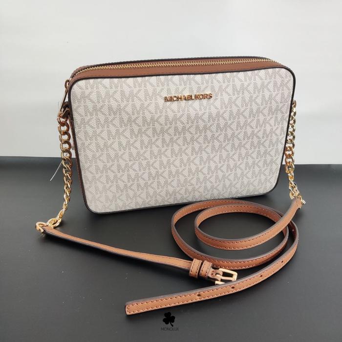 Nwt MK Jet Set Item Large East West Crossbody Monogram Signature Vanilla Brown Camera Bag Authentic 
