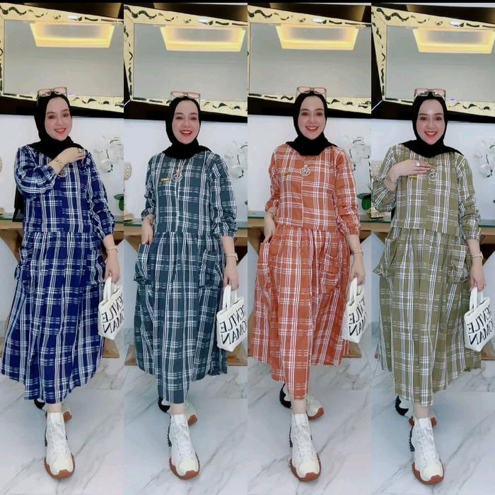 ready midi dress kotak² ori korina by nabil