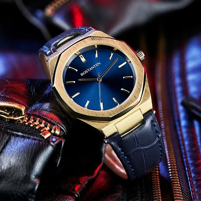 Bostanten Jam Tangan Pria Tahan Air Bezel Logam Berat Jam Tangan Kulit Biru Untuk Pria (Dapat Menamb